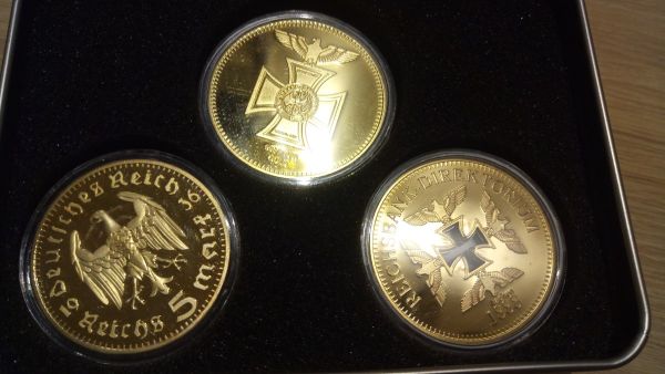 CONJUNTO DE 3 MOEDAS ALEMANHA NAZISTA FOLHEADAS A OURO 3º REICH